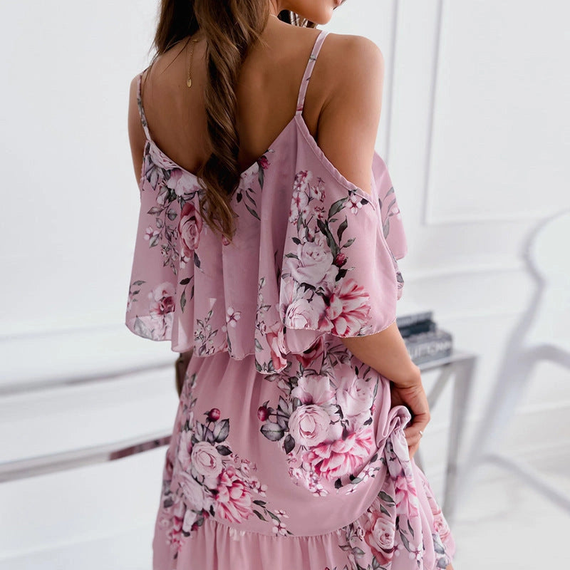 Flower Printed Ruffled Suspender Dress with Off-the-Shoulder Strap
