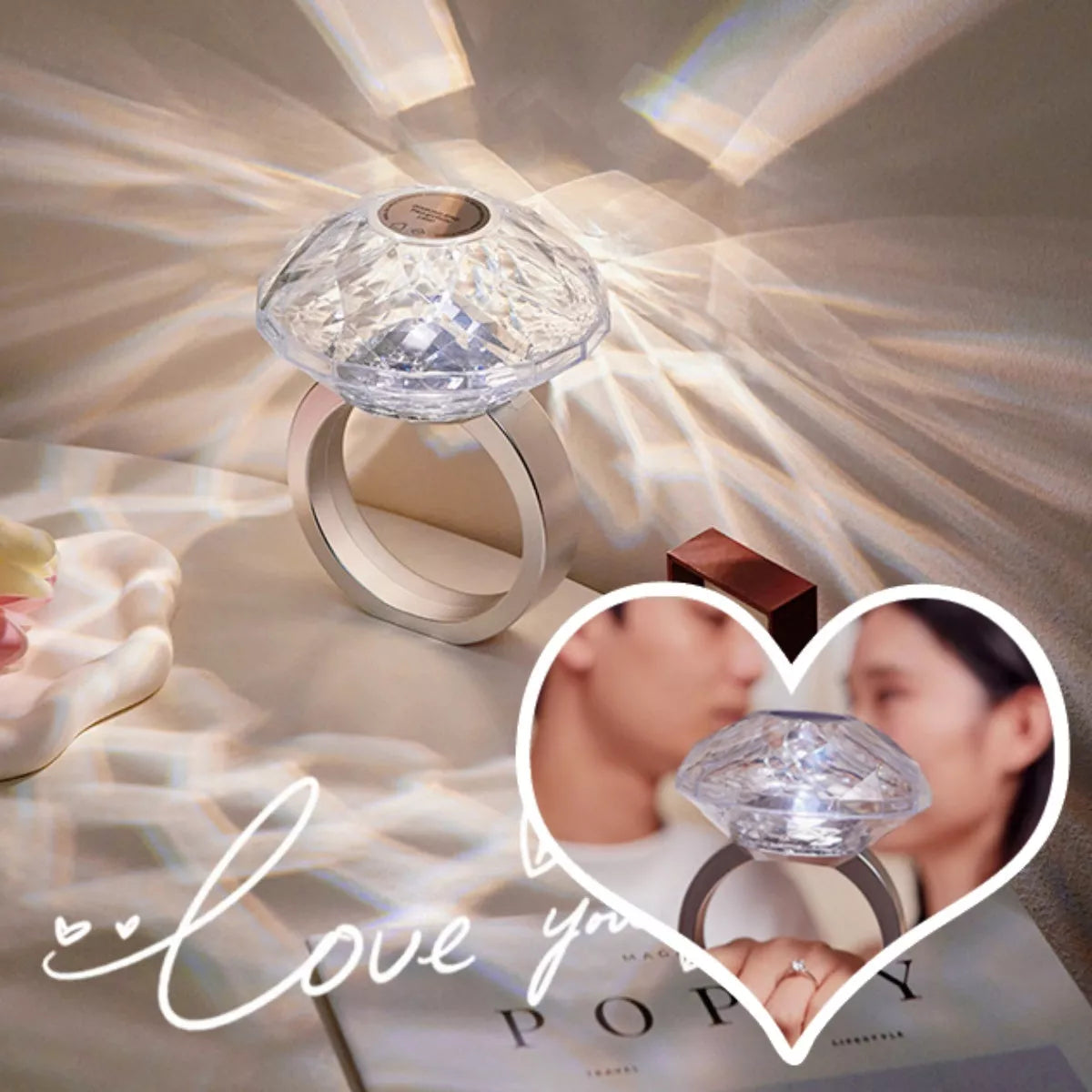 Diamond Ring Projector Lamp with Dimmable Ambient Light for Bedroom Decoration