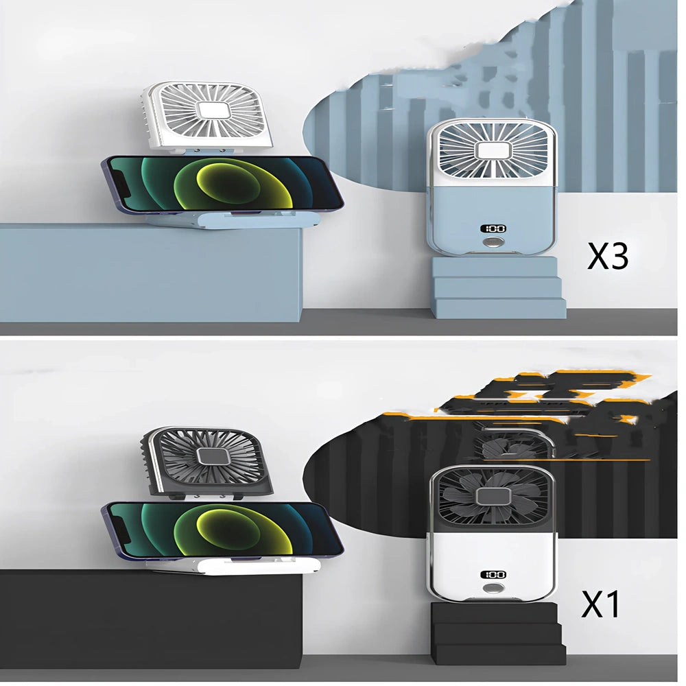 F30Pro folding portable handheld fan in white with digital display, 169x81x20mm size, USB charging, plastic blades for cooling