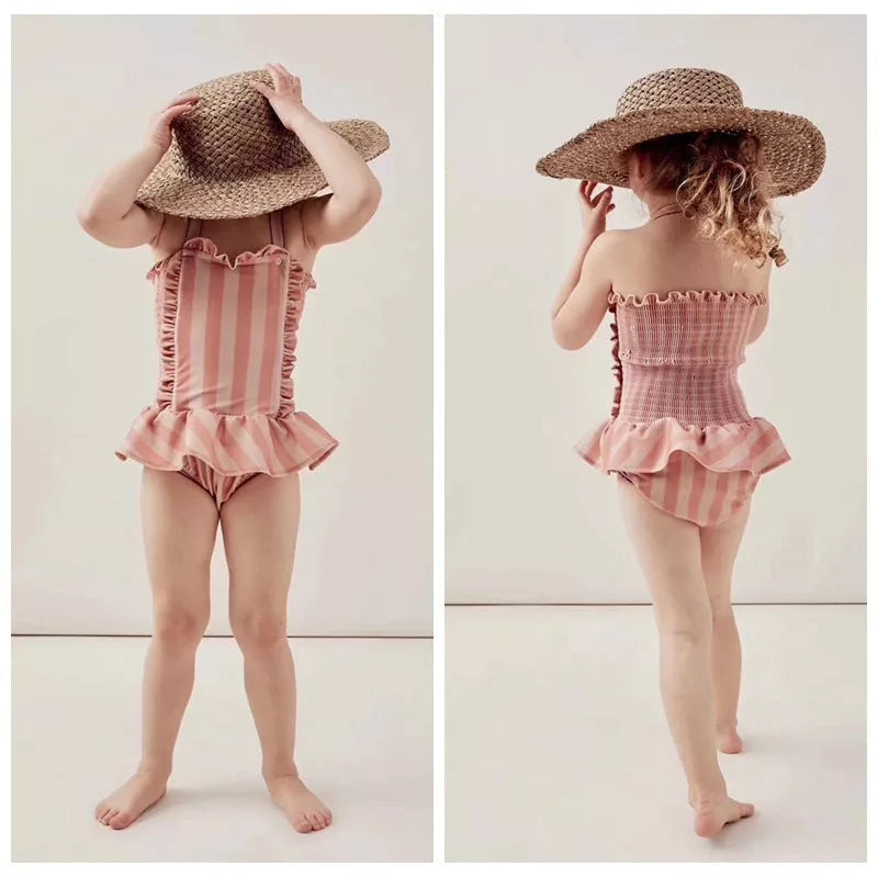 Girls Siamese Striped Princess Wind Lace Swimsuit for Ages 1-10