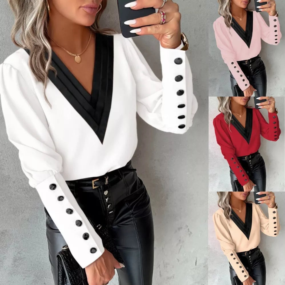 V-neck Long Sleeve Blouse with Button Design for Women
