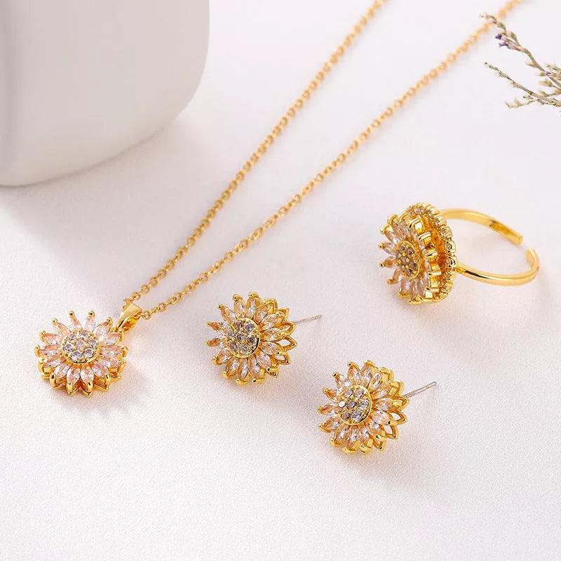 Sunflower Stainless Steel Jewelry Set with Zircon Accents