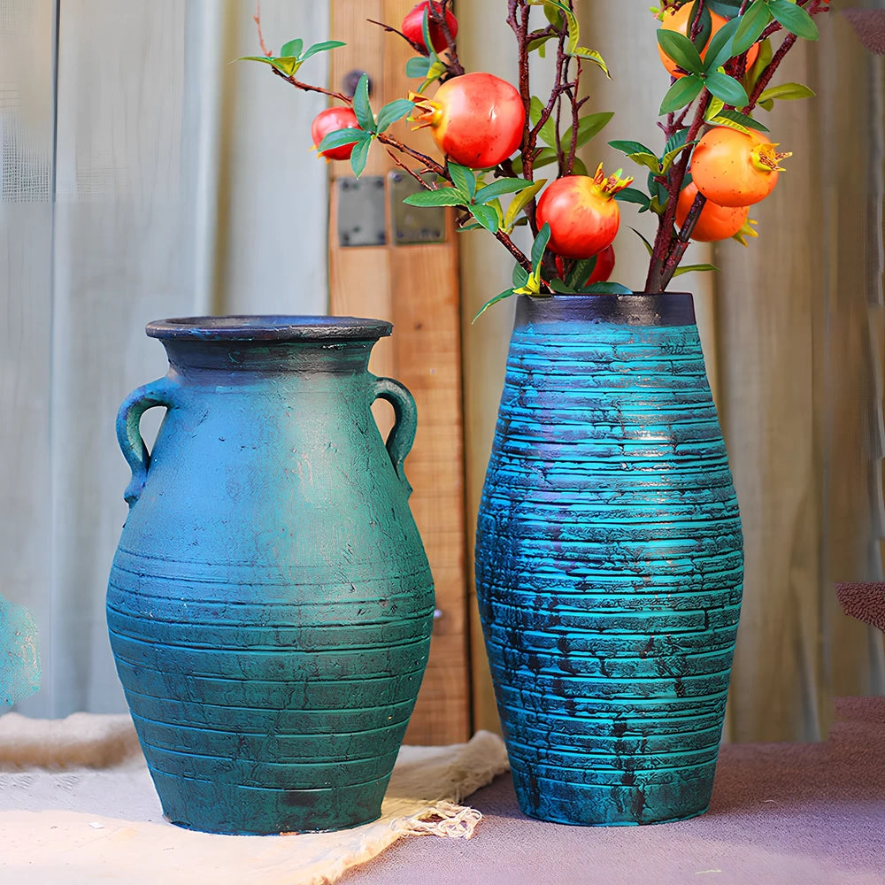 Ceramic mosaic vase with dried flowers, showing mosaic pattern and 25cm height