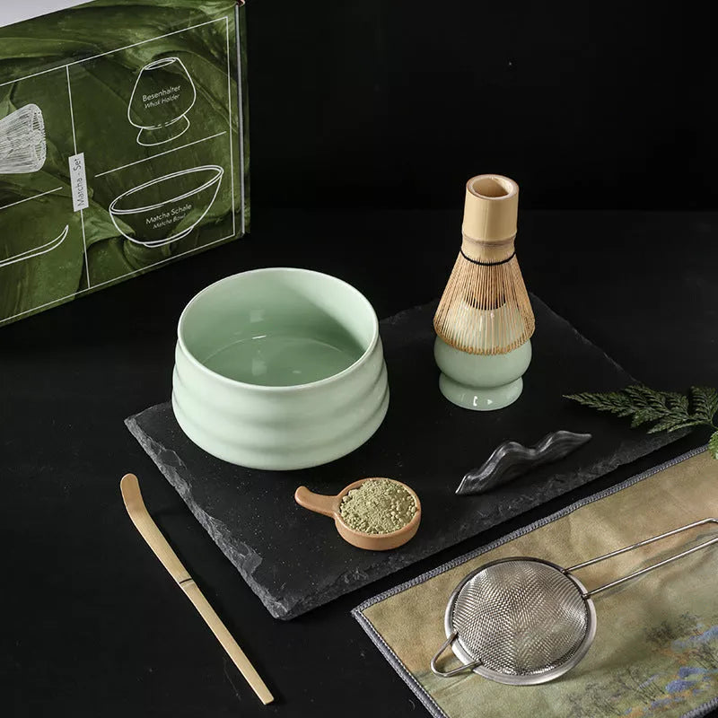 Japanese Matcha Tea Set with Ceramic Bowl and Brush