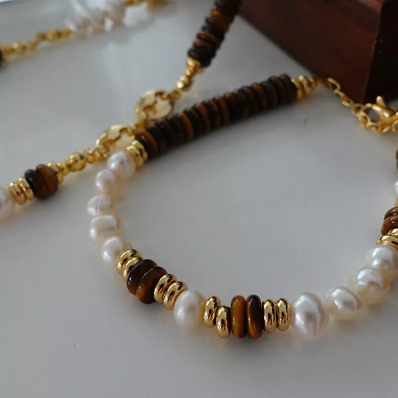 Natural Stone Pearl Necklace with Brass Thick Gold-Plated Chain