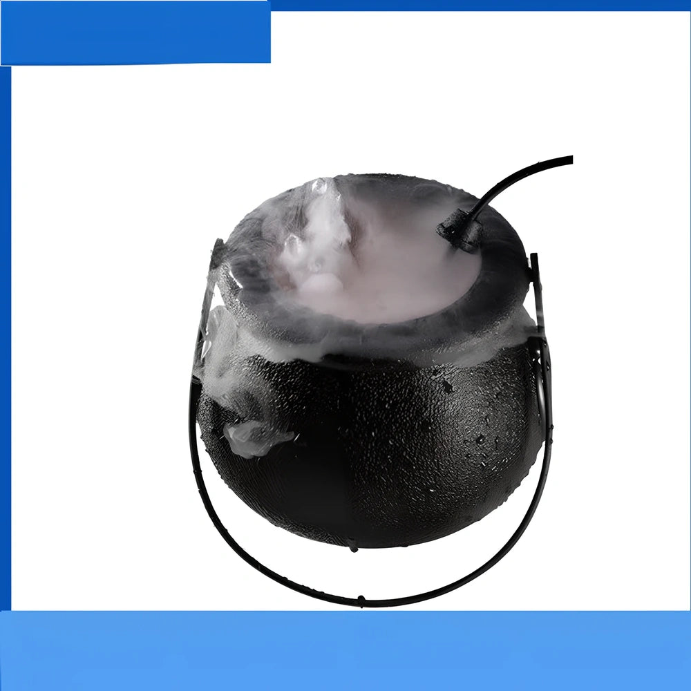 Halloween mist maker with colour-changing LEDs creating fog in water feature for indoor horror atmosphere