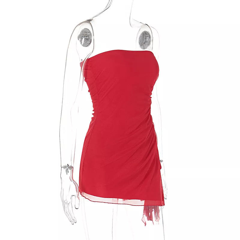Y2K Tube-top Split Dress in Black, Pink, Wine Red, and Grey