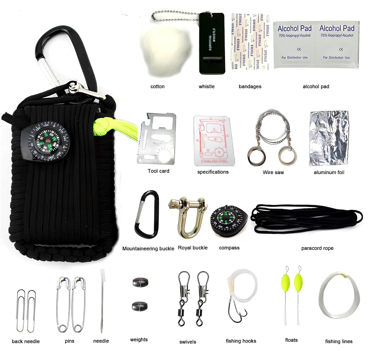 Hand-woven camping survival kit with 10.5m rope containing 25 tools including compass and medical supplies