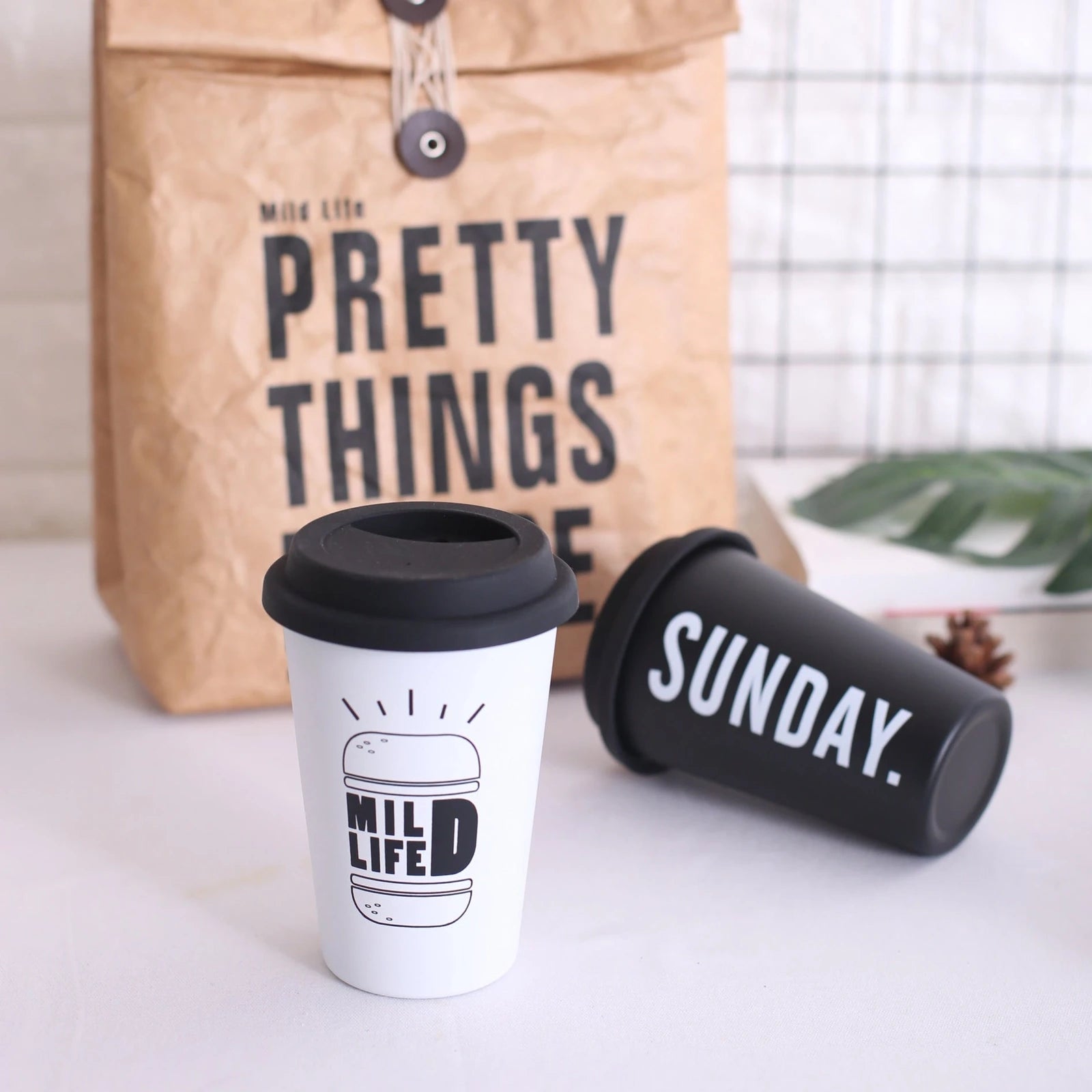 350ml ROKEN stainless steel cup in coffee black with lid, straight and curved straws for travel use