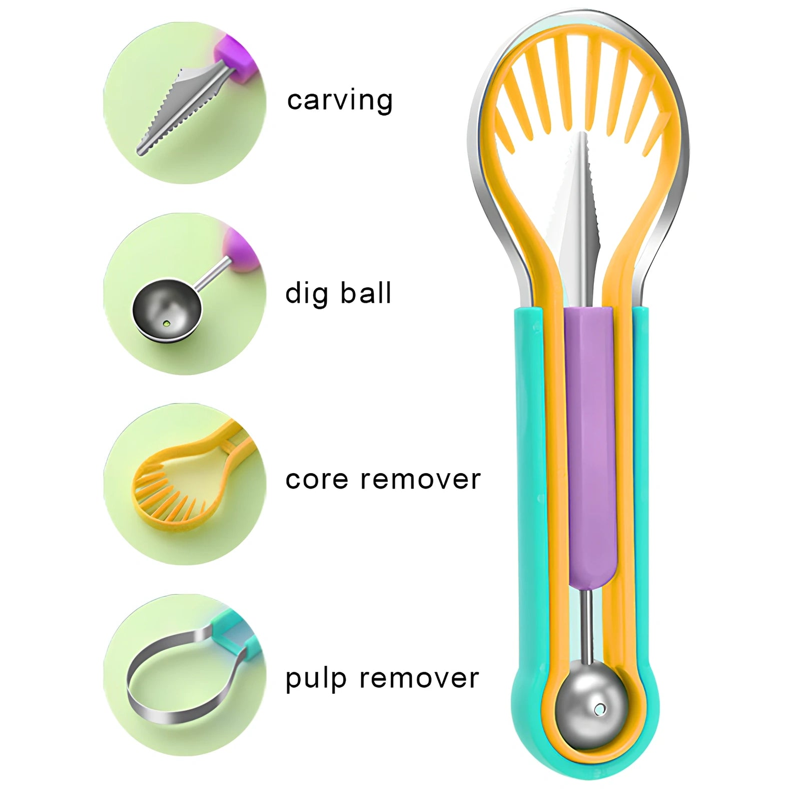 Three nested fruit tools showing V-shaped carver, large scoop and small scoop with PP plastic handles