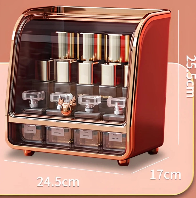 Light luxury plastic storage drawer in green for cosmetics, 25cm x 15cm with divided compartments for brushes and lipsticks