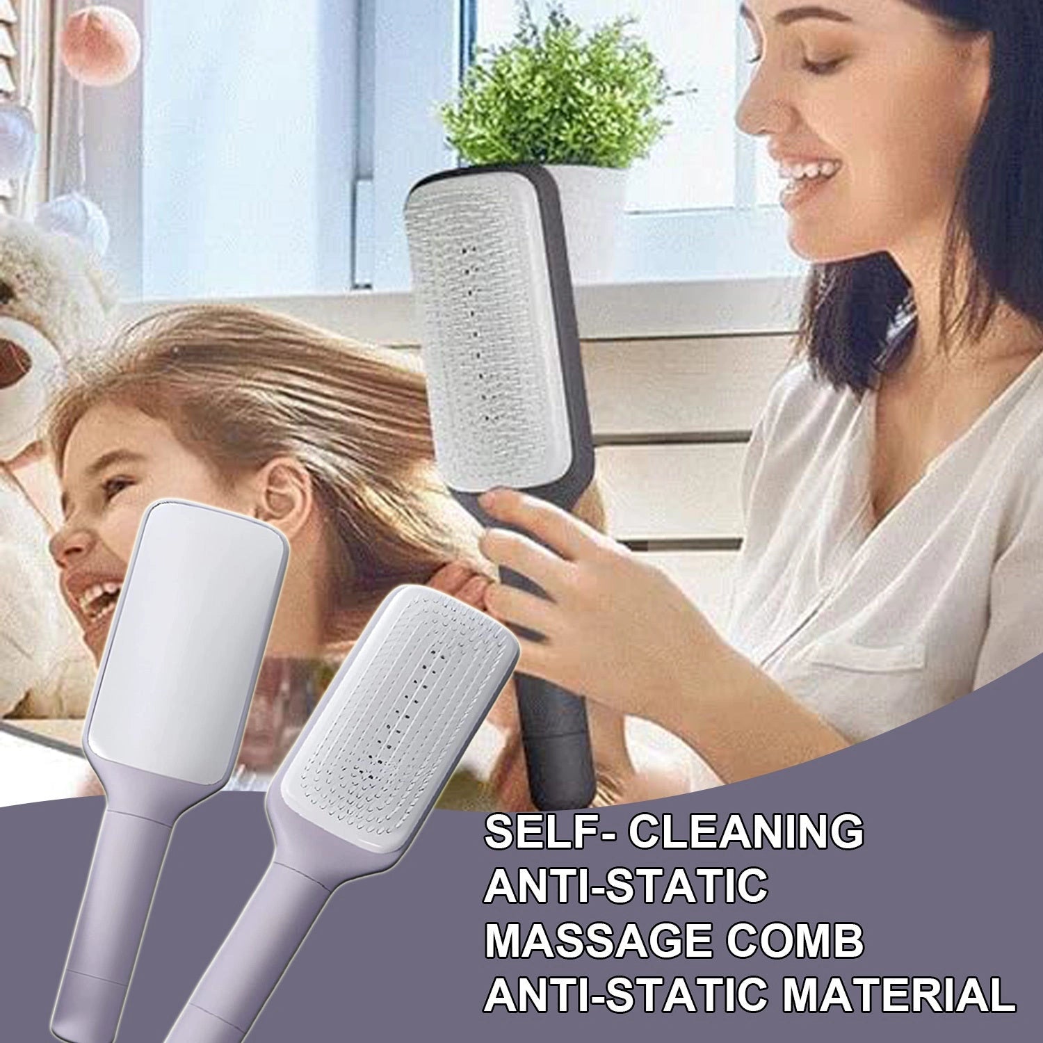 4-in-1 Self-Cleaning Hair Brush with Anti-Static Massage Comb