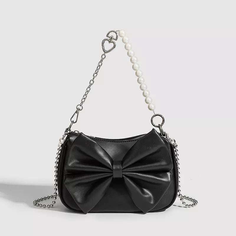 PU Bow Handbags with Pearl Chain for Women - Autumn Winter Fashion