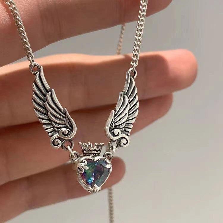 Gothic Heart Crown Angel Wings Pendant Necklace for Women