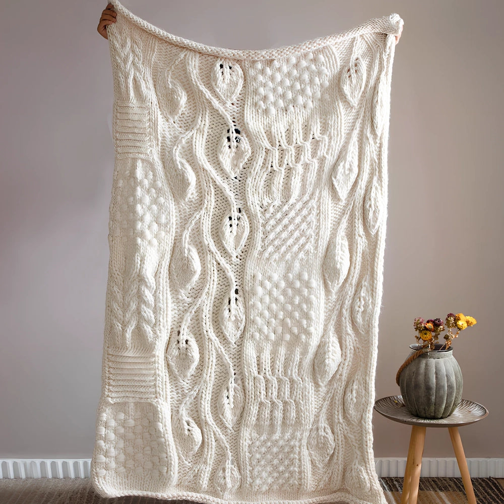 Beige hand-woven acrylic wool blanket 120x150cm 1.7kg on sofa, low 2-3% shrinkage