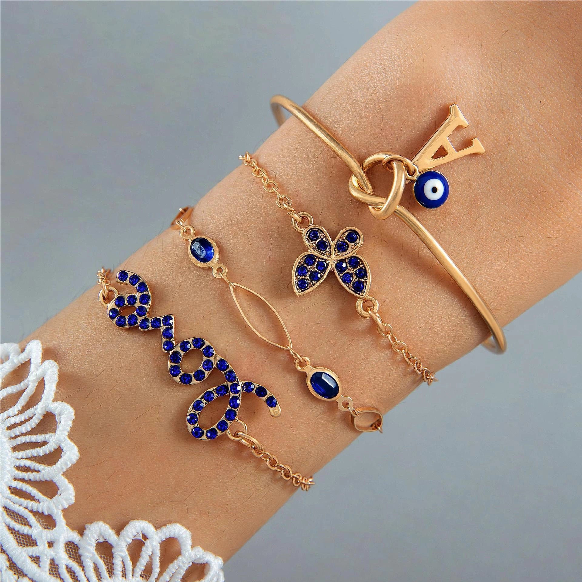 4-piece Blue Flower Love Butterfly Bracelet Set with Rhinestones