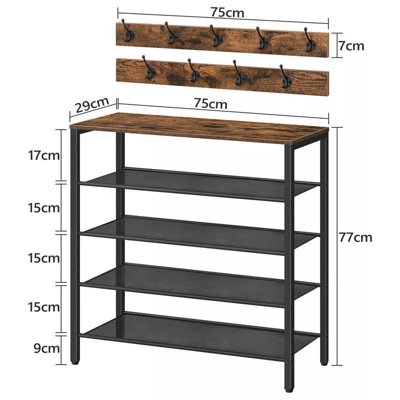 4-tier rustic wooden shoe rack with coat hook for mud rooms