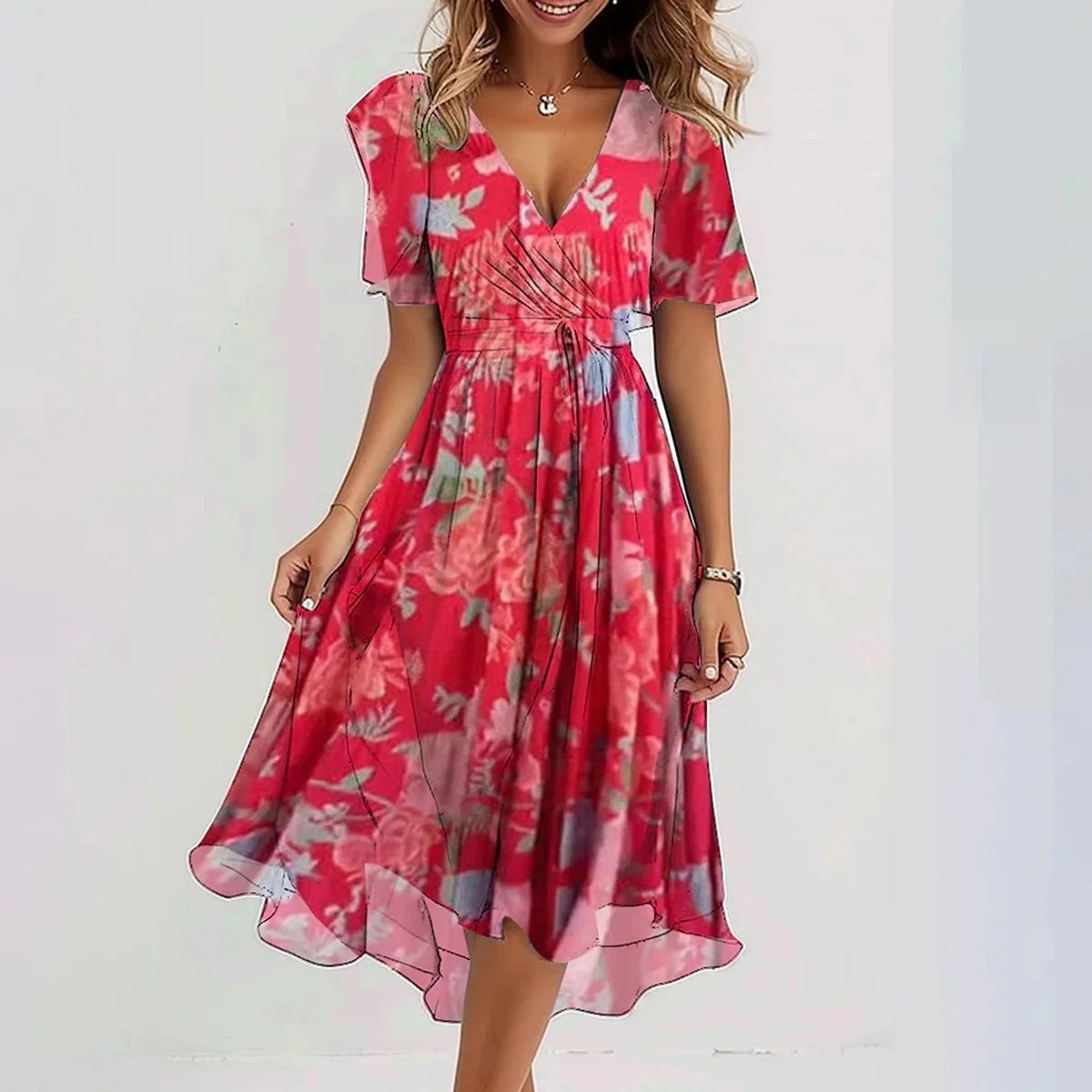 Elegant Summer Chiffon V-neck Dress with Floral Print