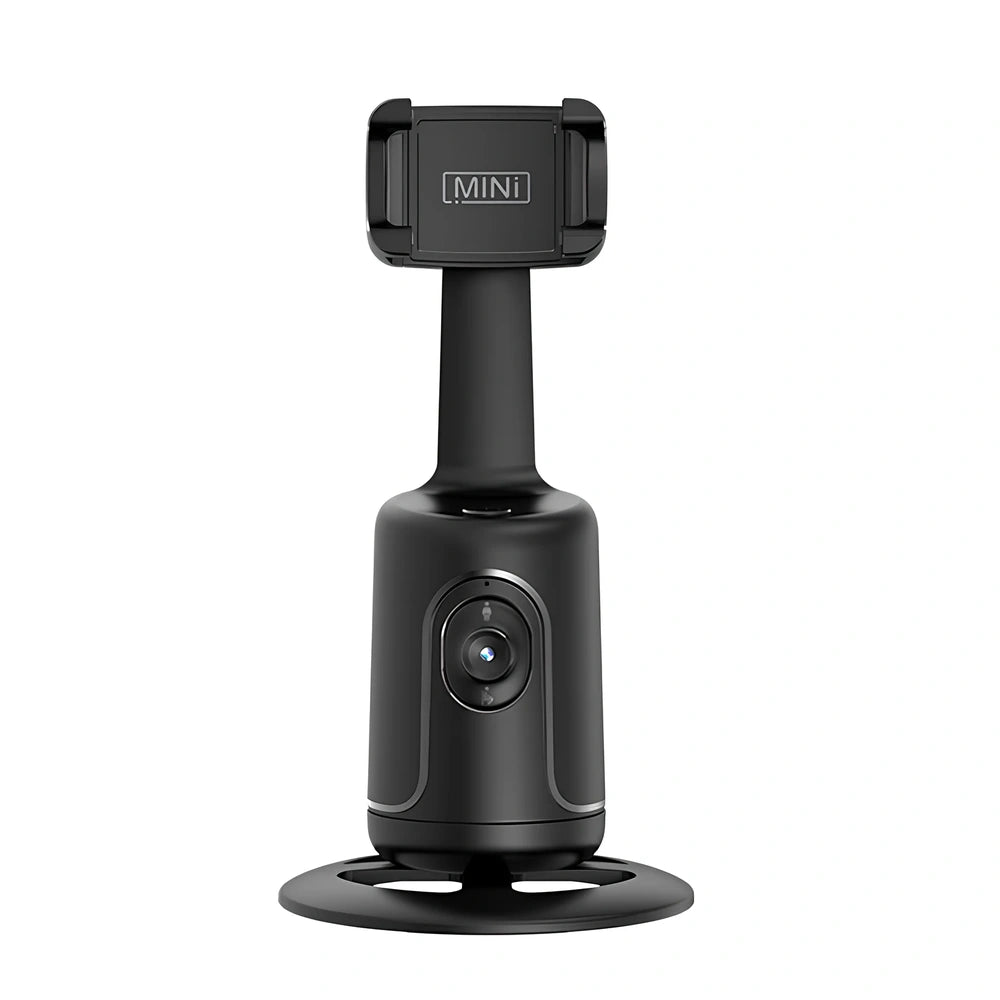 Automatic tracking stabilizer in black with 360 degree rotation on desk, USB connected, 175.2 x 54.8 x 57mm size