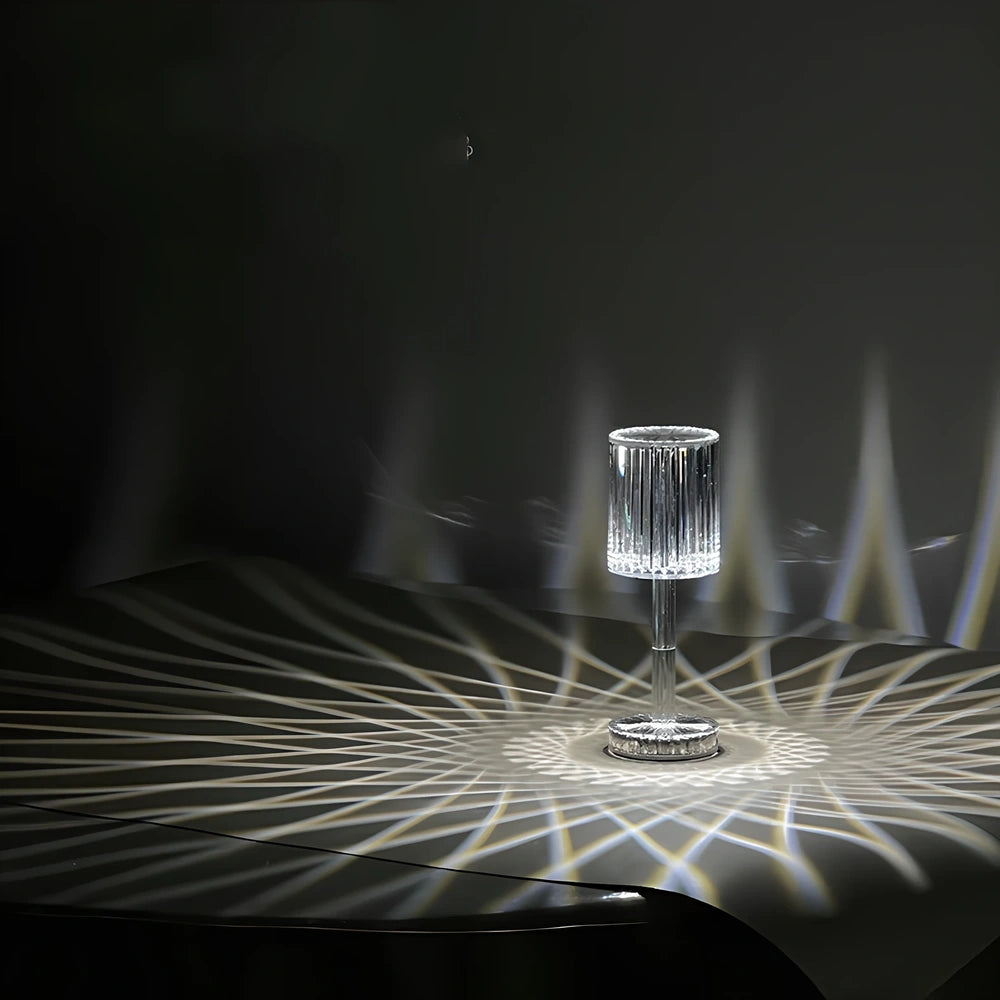 Transparent diamond crystal rechargeable table lamp with three-colour touch switch, ≤36V, for bedroom bedside ambience