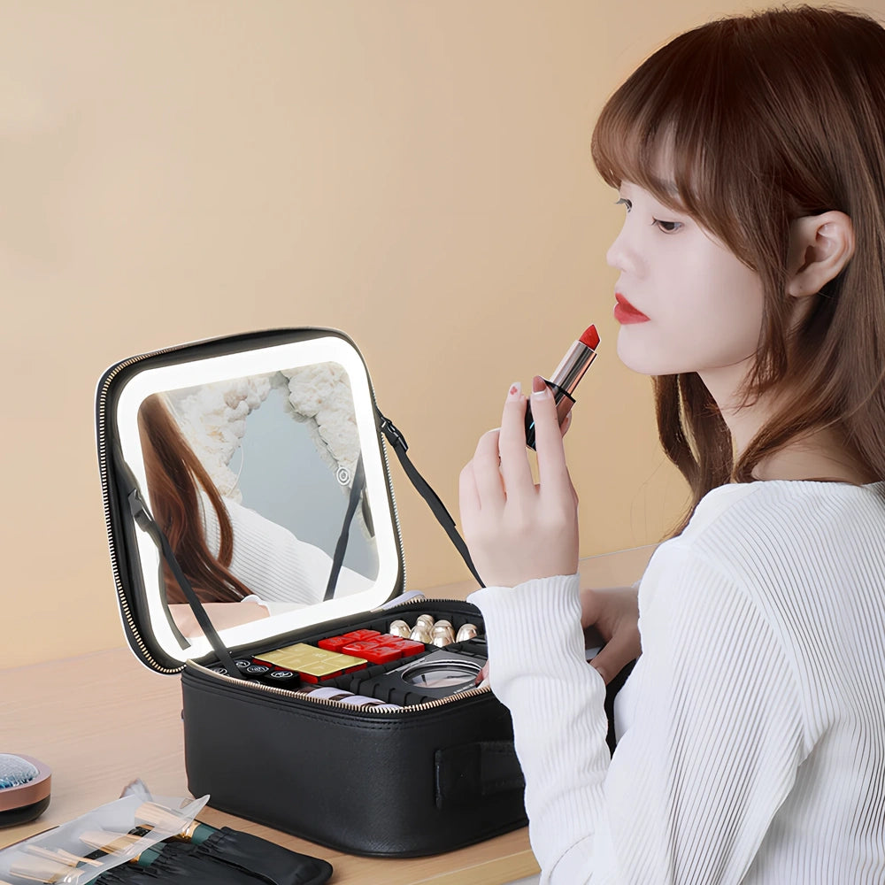 26x23x11cm cosmetics storage bag with LED mirror light in polyurethane leather