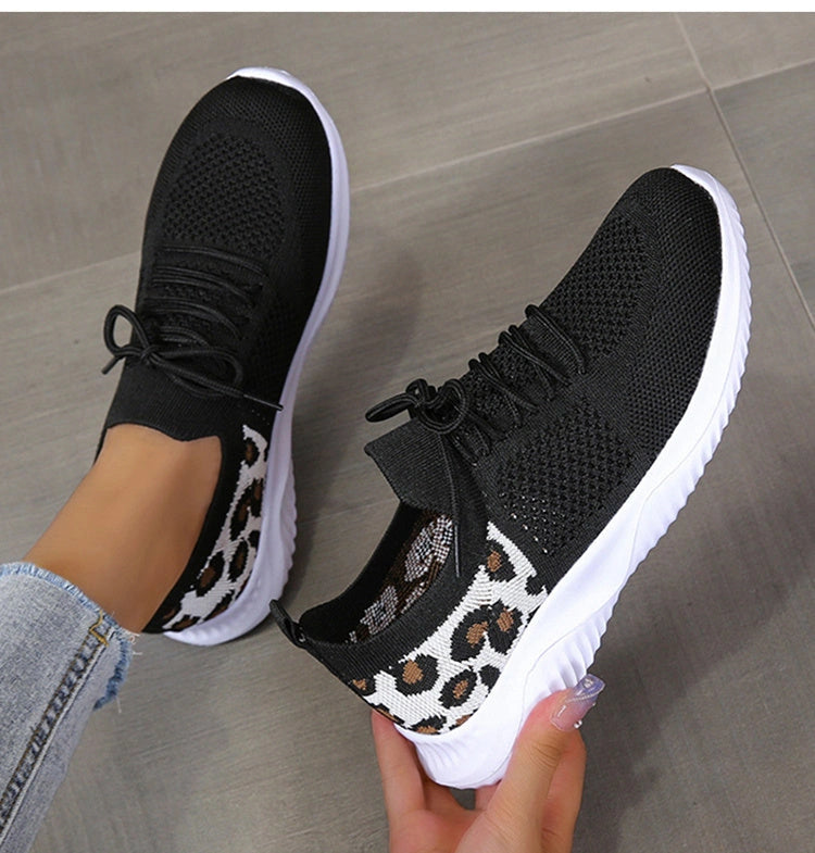 Women's Leopard Print Lace-up Sneakers with Medium Heel
