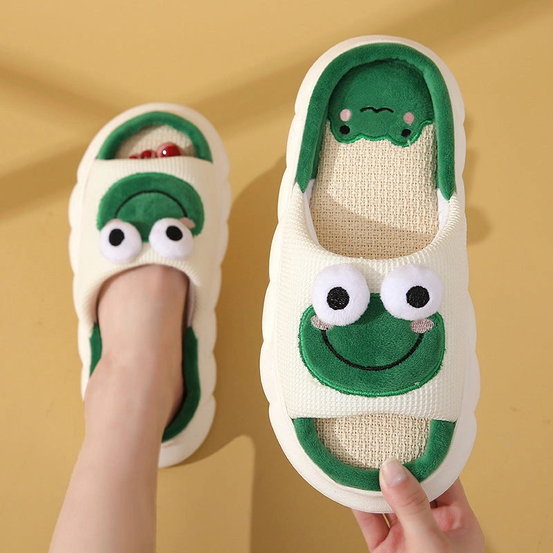 Cartoon Cow Frog Slippers with Linen Upper and Non-Slip PVC Sole