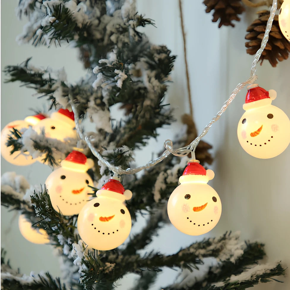 Snowman Christmas string lights with warm white glow, multiple power options, and remote control