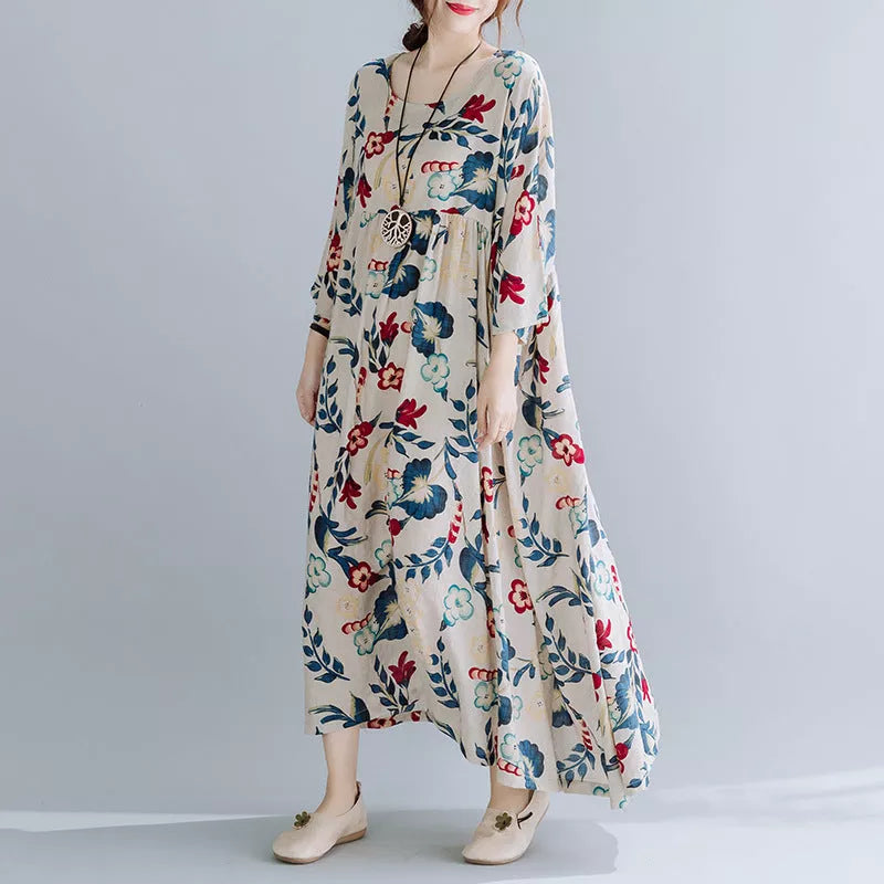 Plus Size Cotton Linen Print Dress with Loose Panel Design