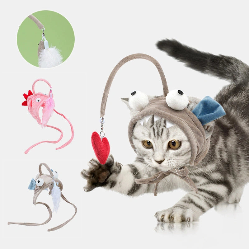 Adjustable Head-Wearing Feather Cat Toy Stick for Indoor Play