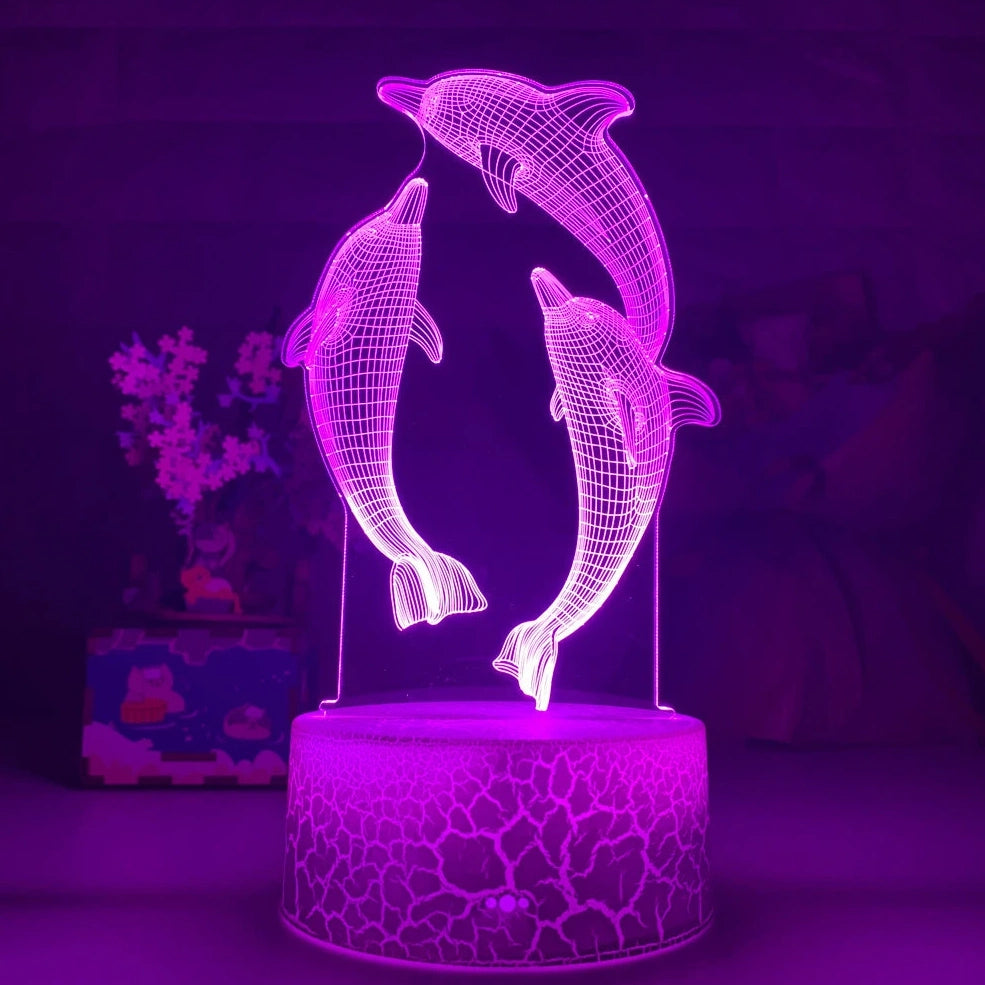 Black base dolphin 3D LED night light projecting image, 87x87x42mm size with USB cable and optional remote