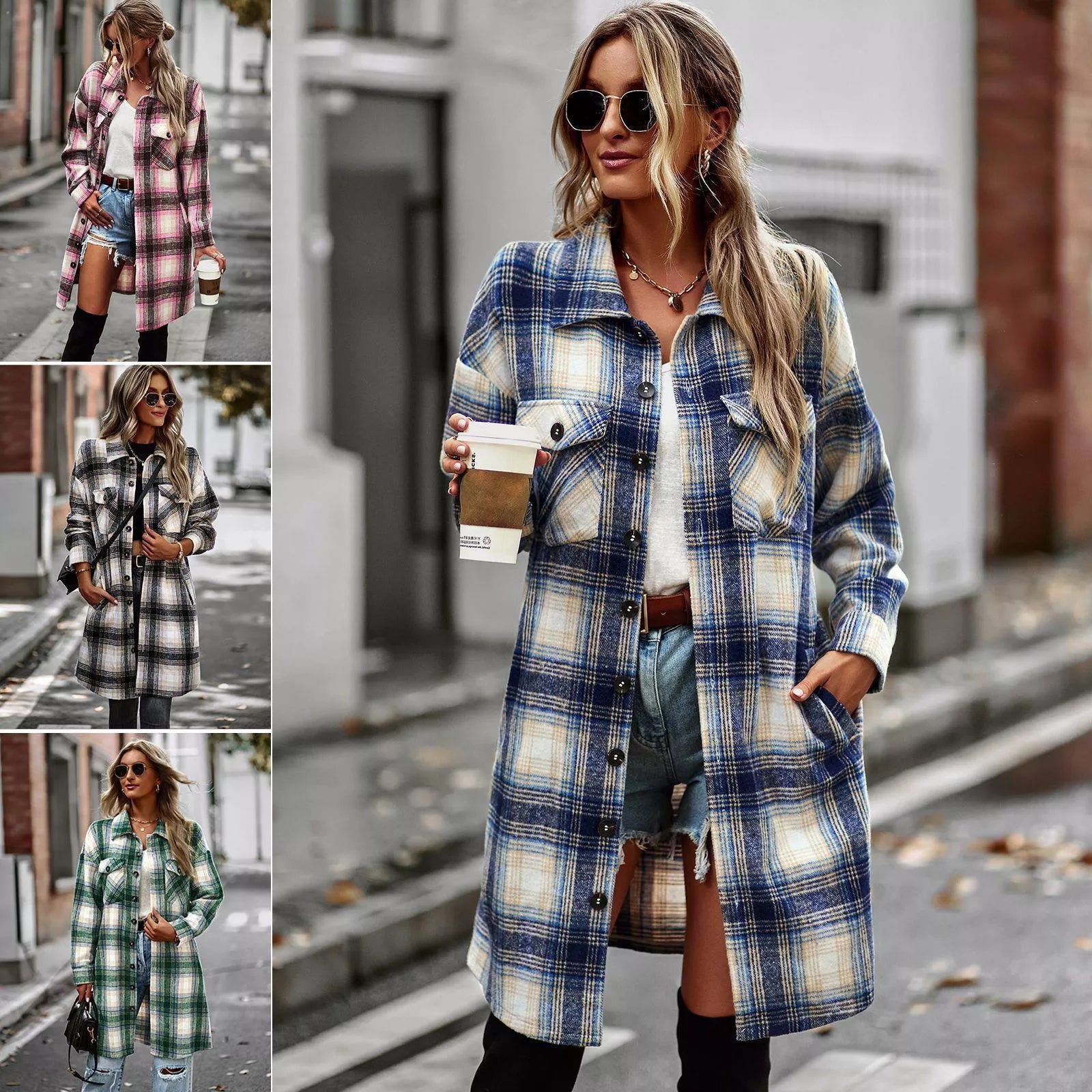 Long Plaid Woolen Cardigan Coat for Women