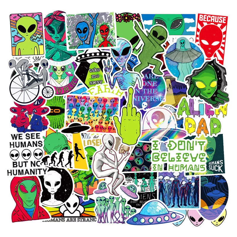 50 Aliens Sticker Set for UFO Trolley Skateboard and Laptop