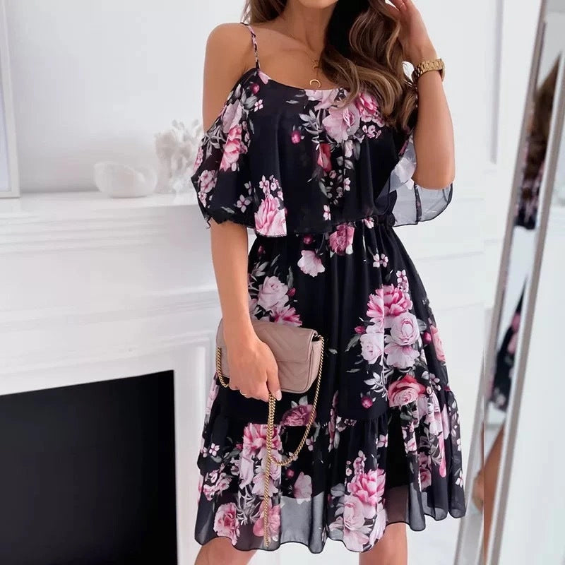 Flower Printed Ruffled Suspender Dress with Off-the-Shoulder Strap