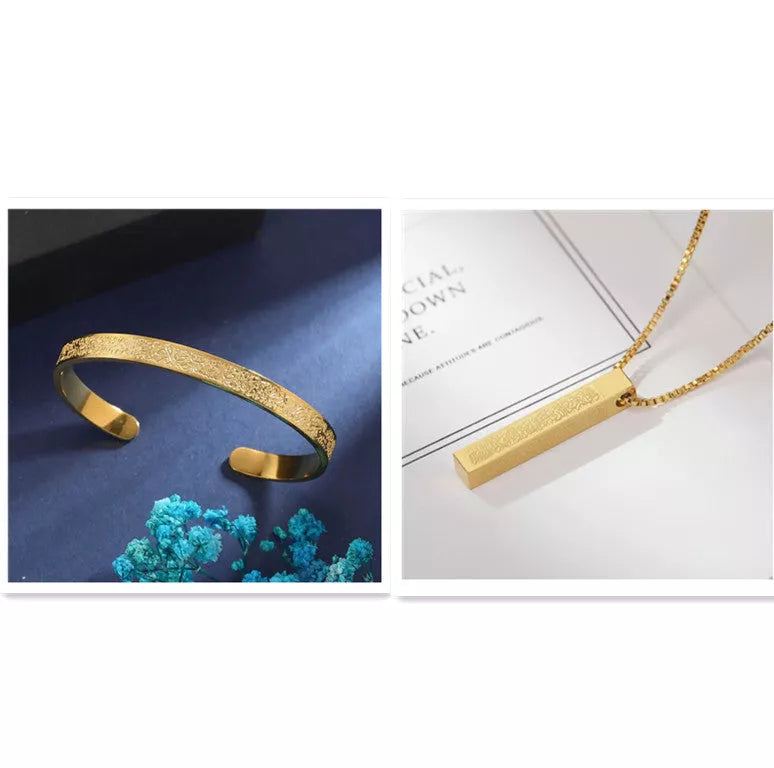 Stainless Steel Arabic Disc Necklace Bracelet with Polished Finish