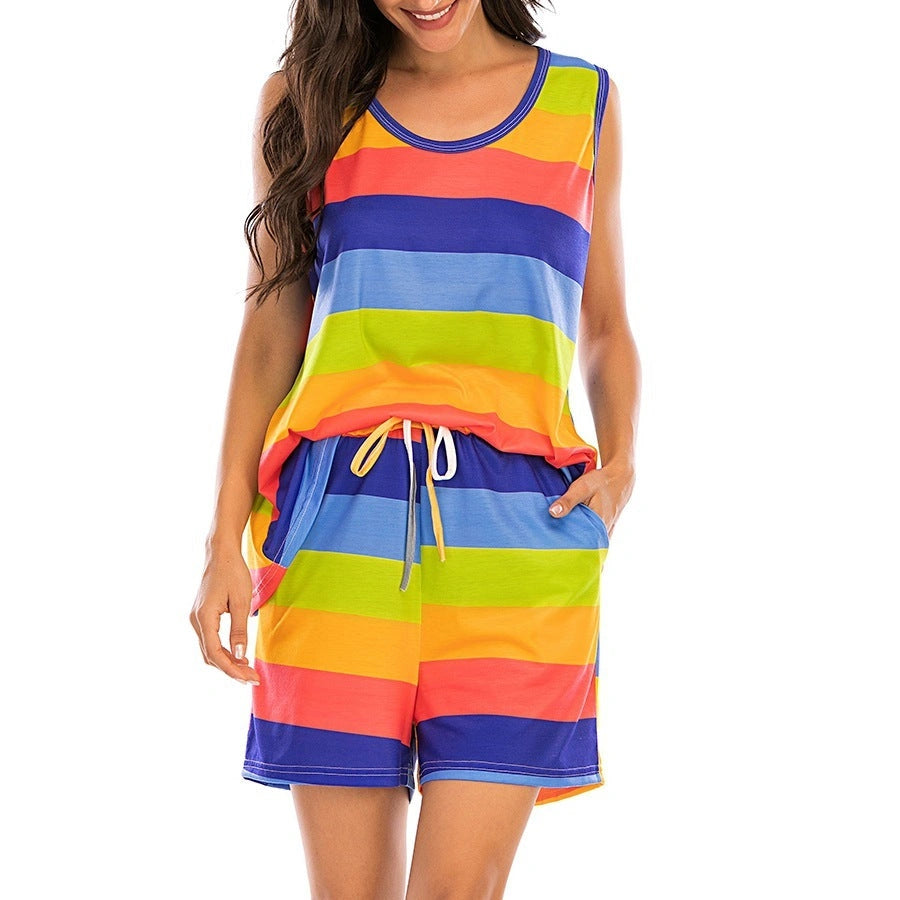 Women's Rainbow Stripes Short Sleeve Pajama Set for Night Lounge