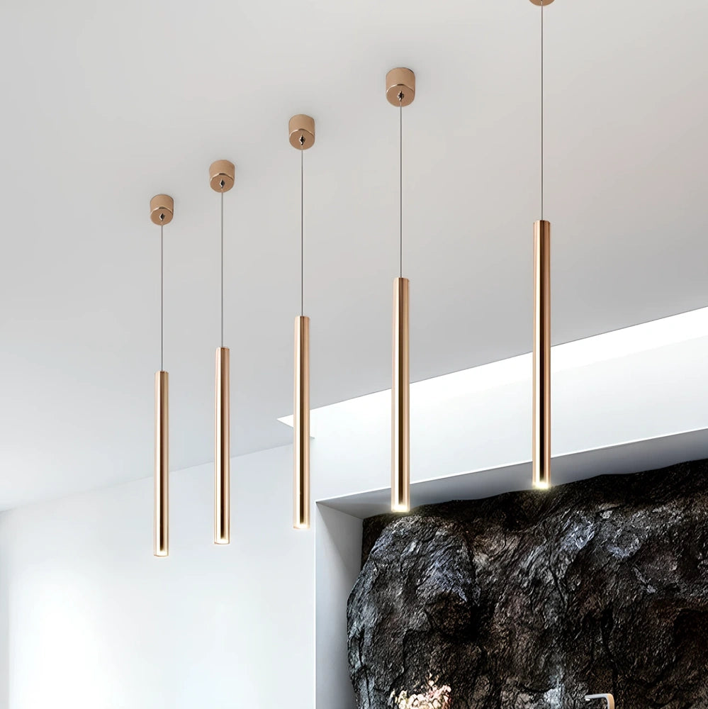 French gold cylindrical chandelier in iron with PMMA shade, single LED for 1-3㎡, lengths 20-100cm