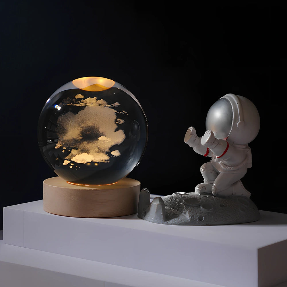 Cosmos Series 8cm crystal ball night light on wooden base with astronaut pusher projecting Milky Way pattern