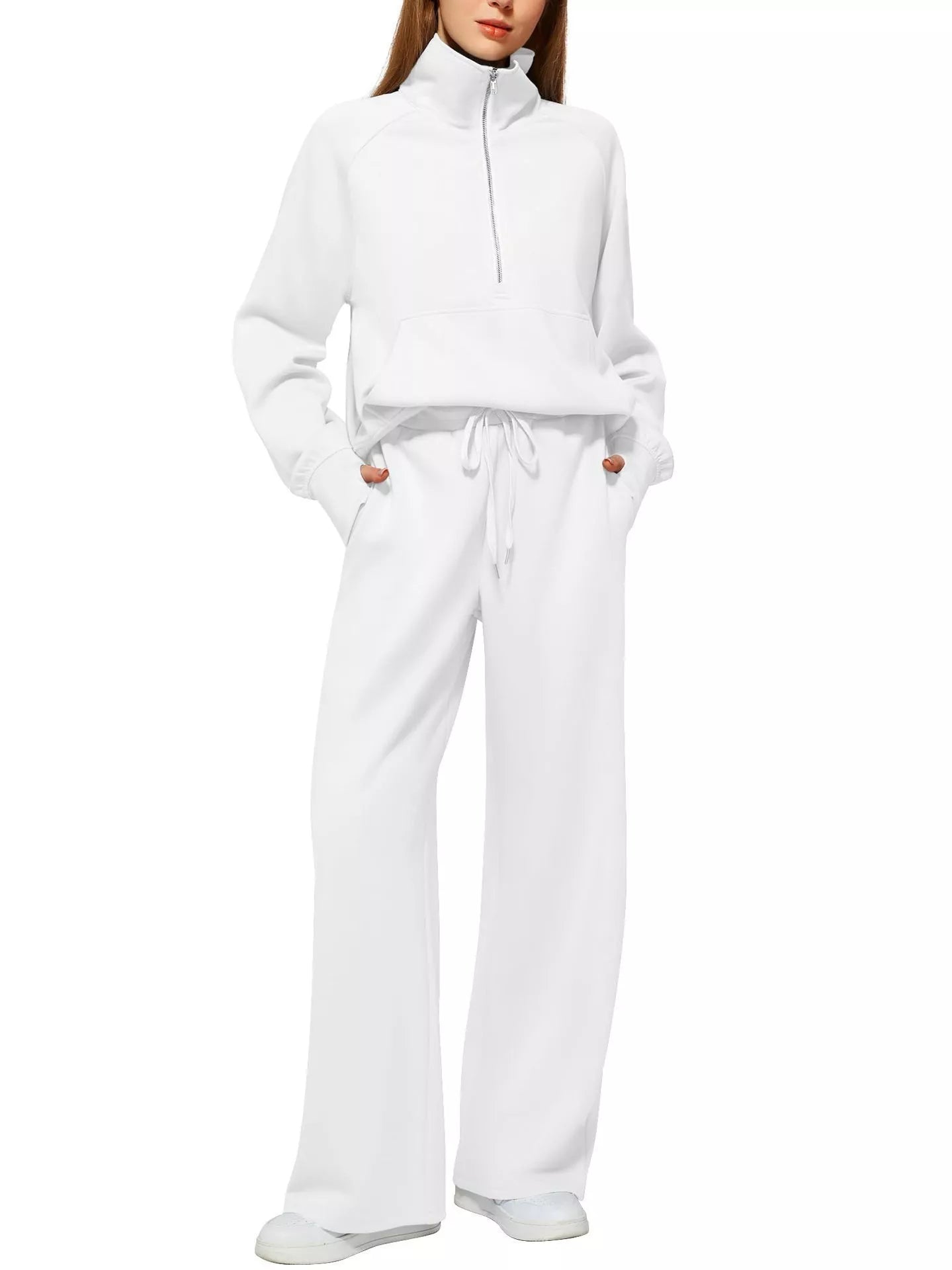 Women's Solid Color Long-sleeved Sweater Trousers Suit in Polyester