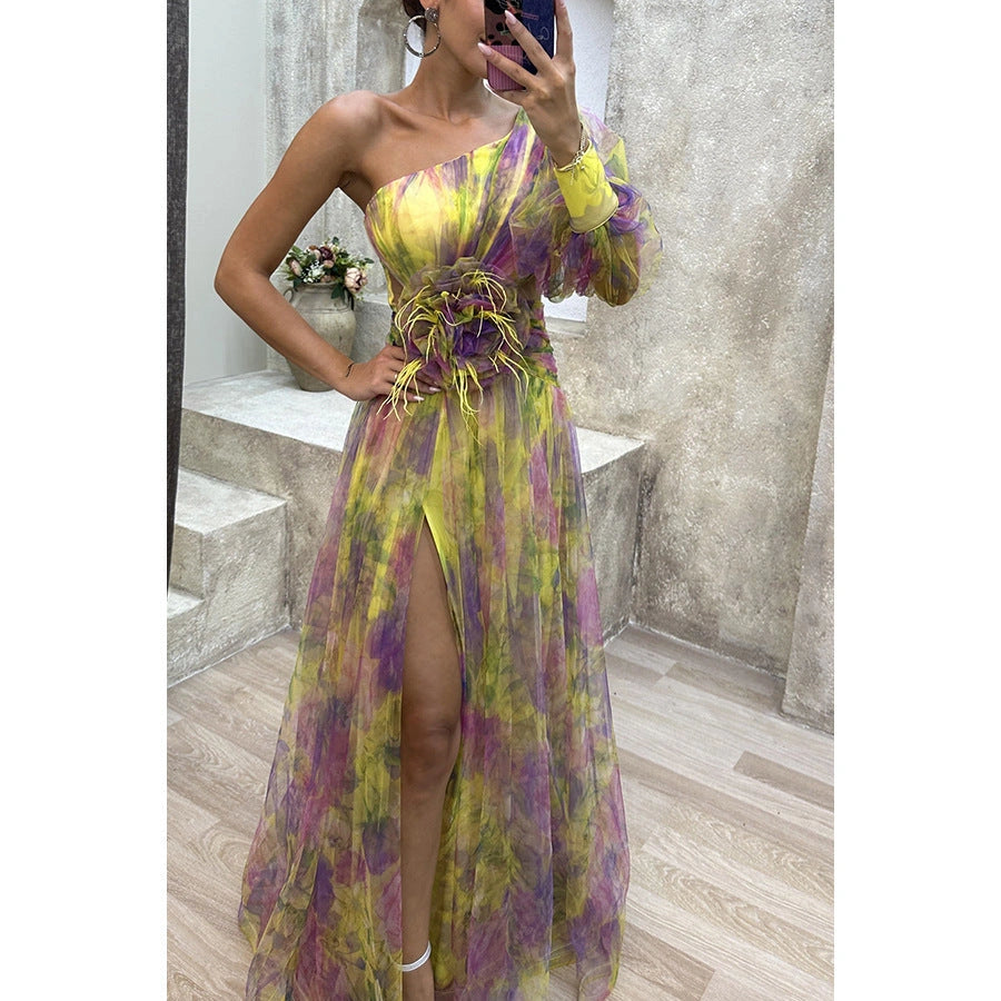 Mesh Tie-dye Printed Off-shoulder Slit Dress with Long Sleeves