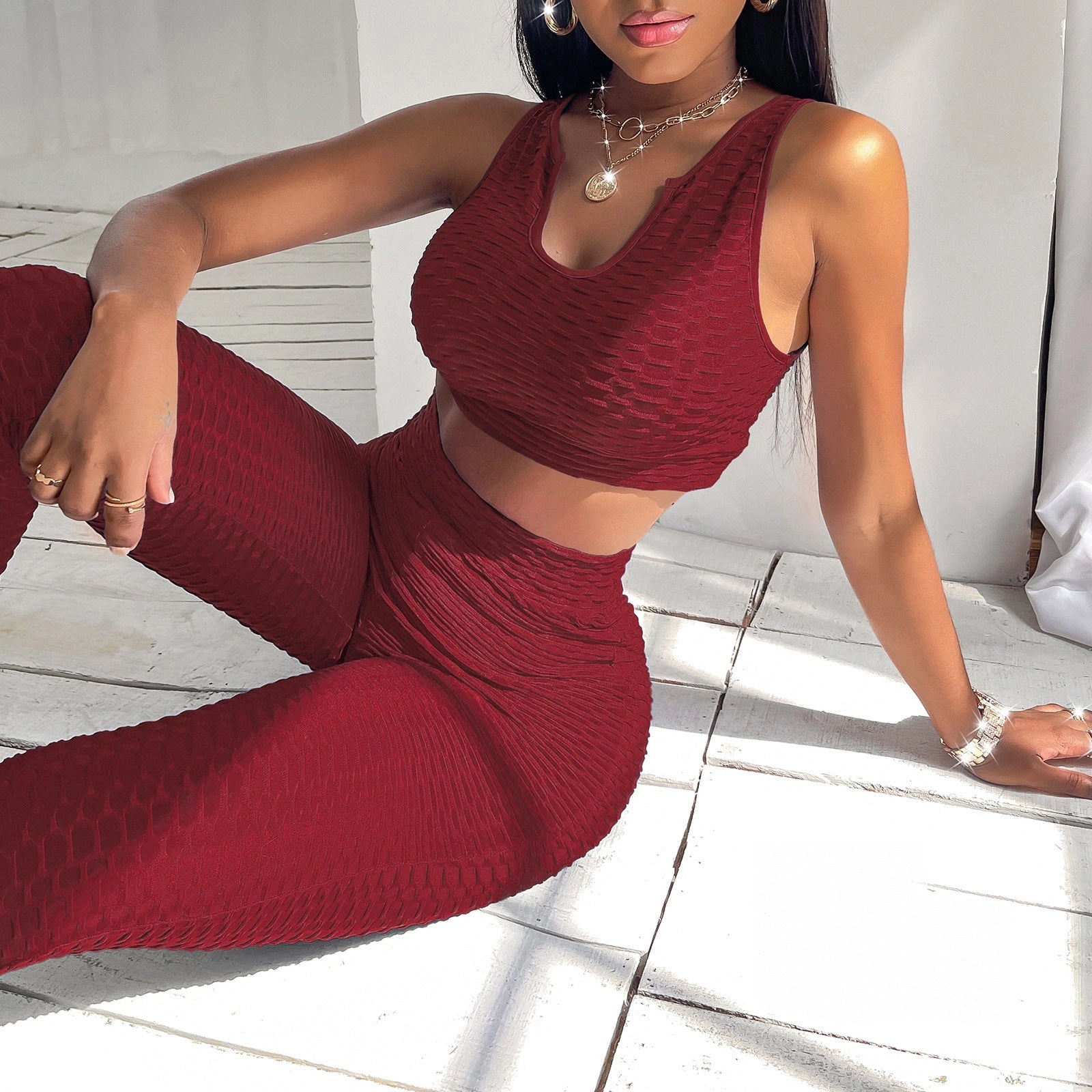 Women's Tight Sports Pineapple Lattice Suit Vest and Shorts Set