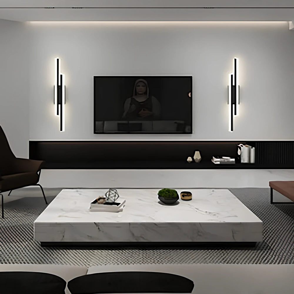 Scandinavian minimalist LED indoor wall light in 50cm black finish with tricolour acrylic shade, 220V powered for home use