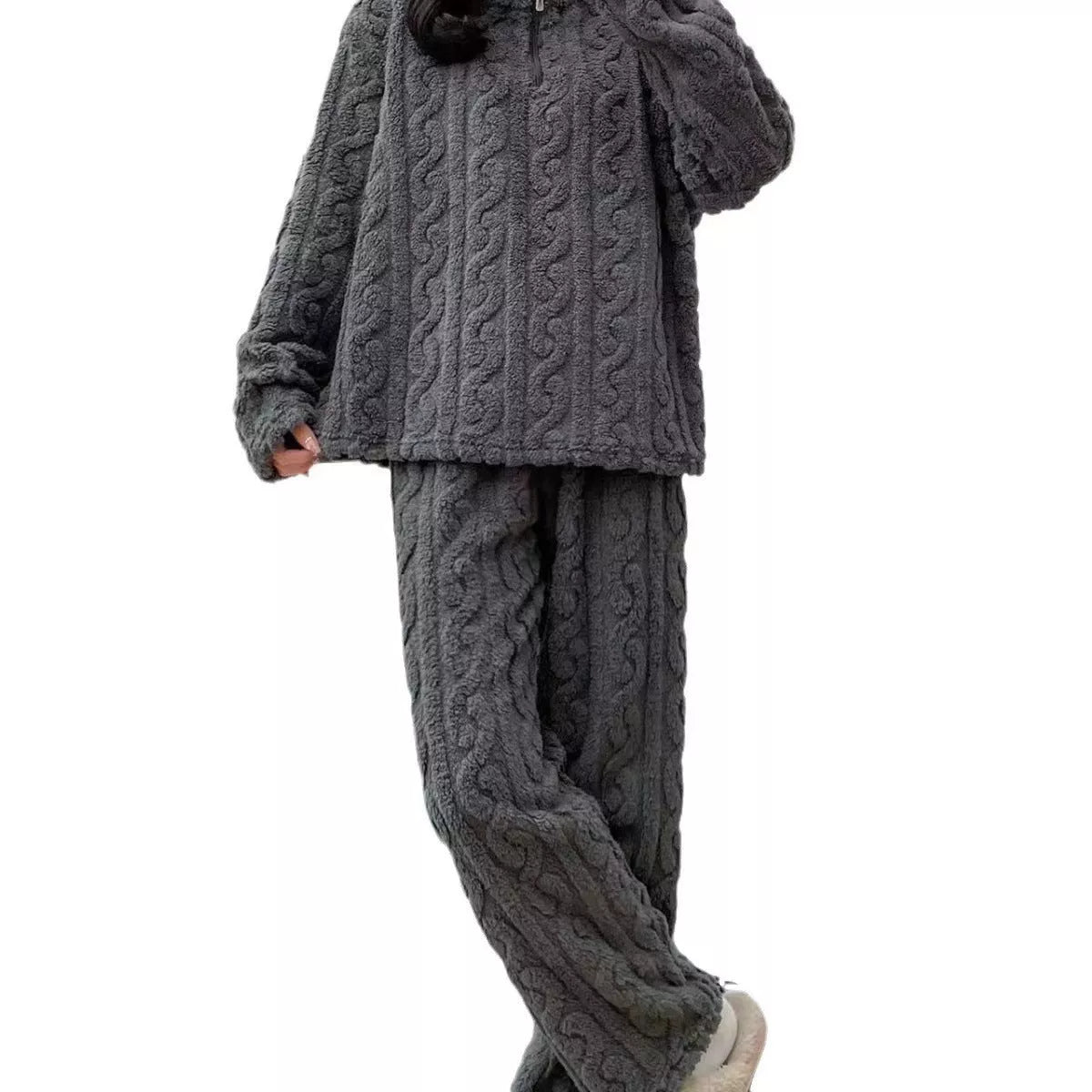 Twist Zipper Couple Fleece-Lined Pajamas for Winter Comfort