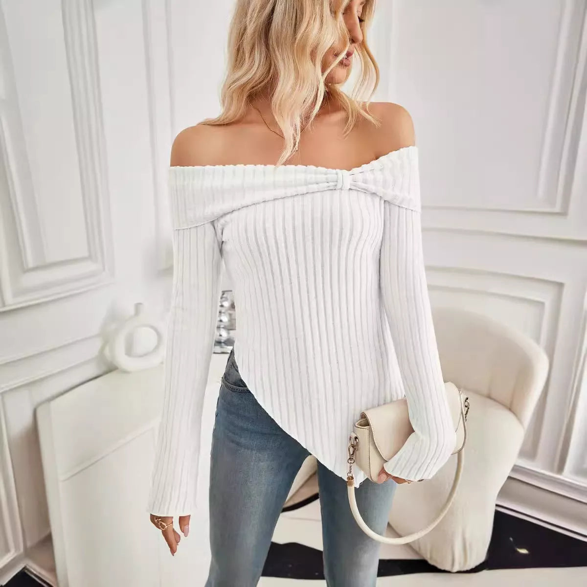 Women's Ribbed Knit One Shoulder Sweater with Bow Tie Detail