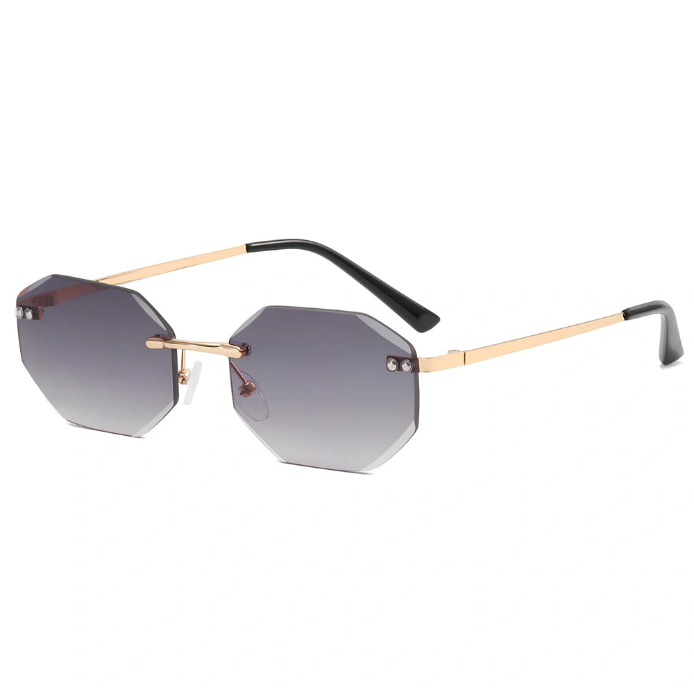 Frameless polygon glasses with geometric pattern lenses and gold frame in multiple colour options