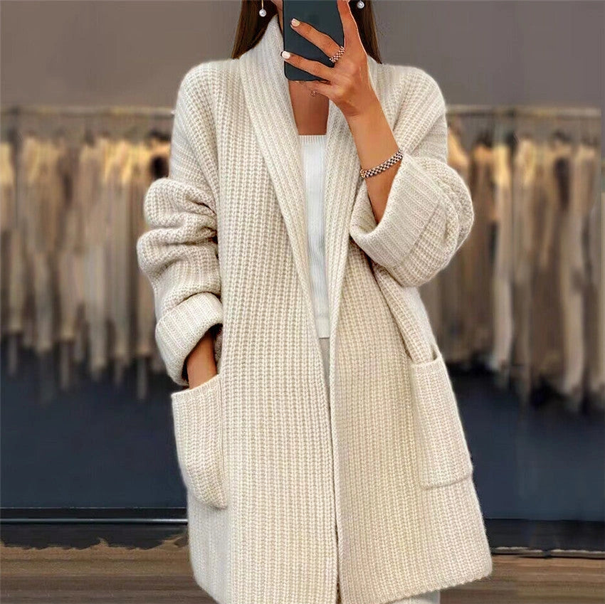 Lapel Knitted Cardigan with Pockets for Women - Casual Loose Fit