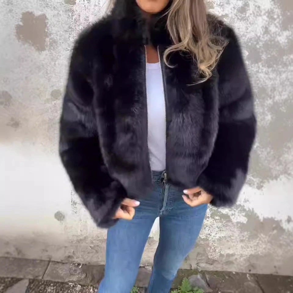 Women's Stand Collar Plush Jacket with Zipper and Faux Fur