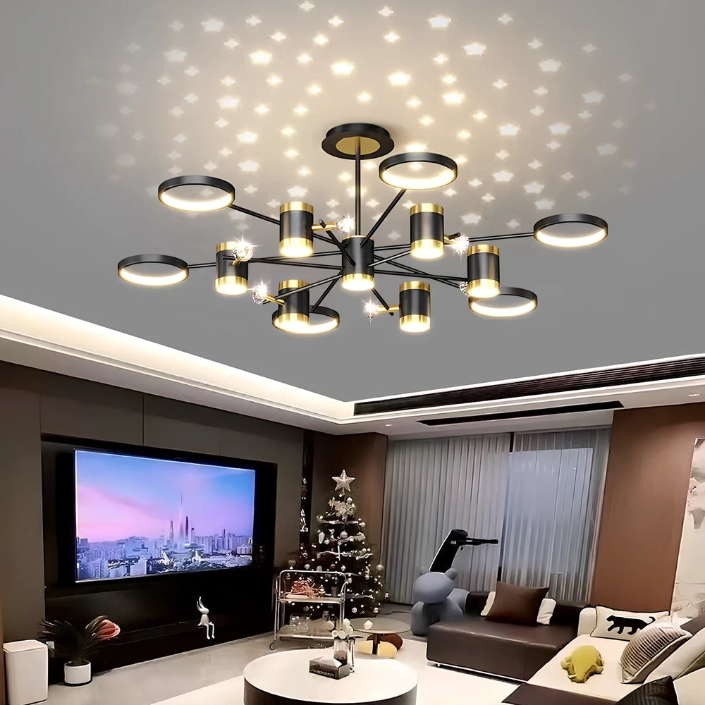 Black Nordic iron chandelier with 13 LED heads, 1000mm diameter, adjustable 0.3m height for living room lighting