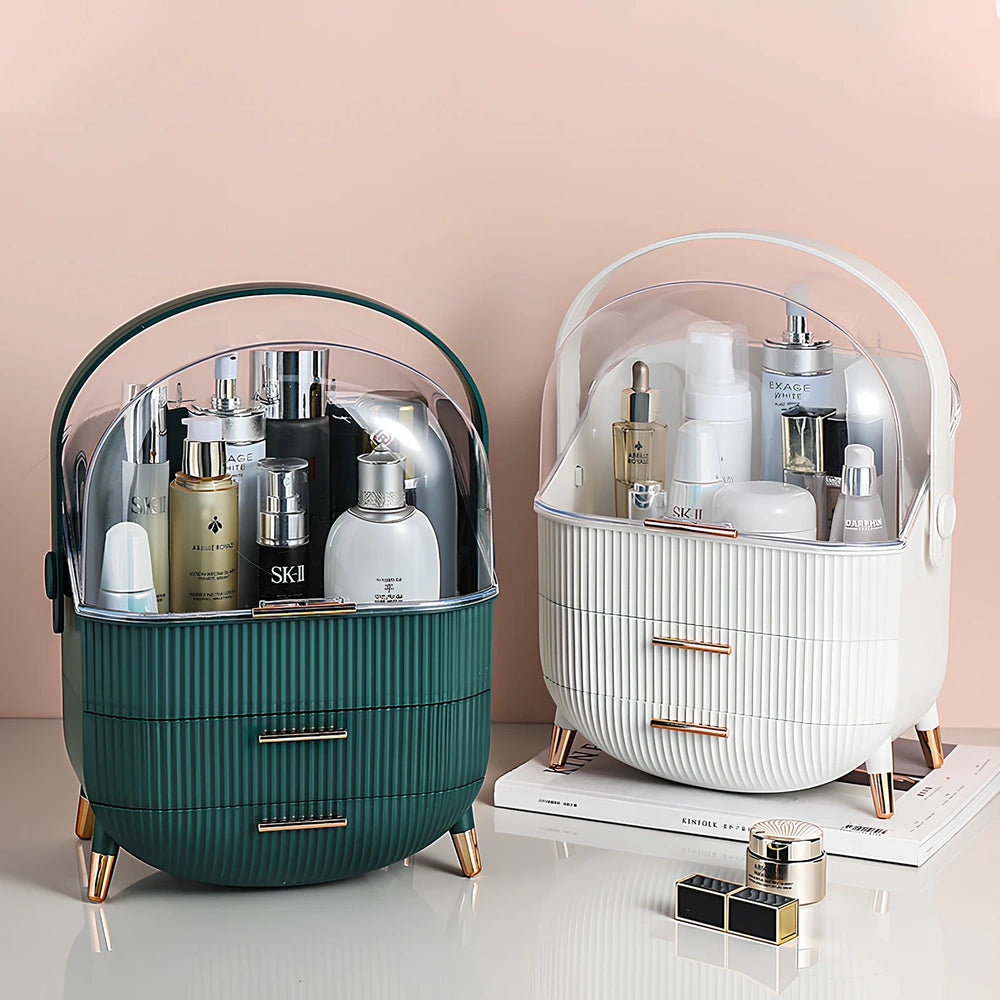 Light luxury cosmetic storage box in green ABS+PS with dustproof lid for skincare organisation