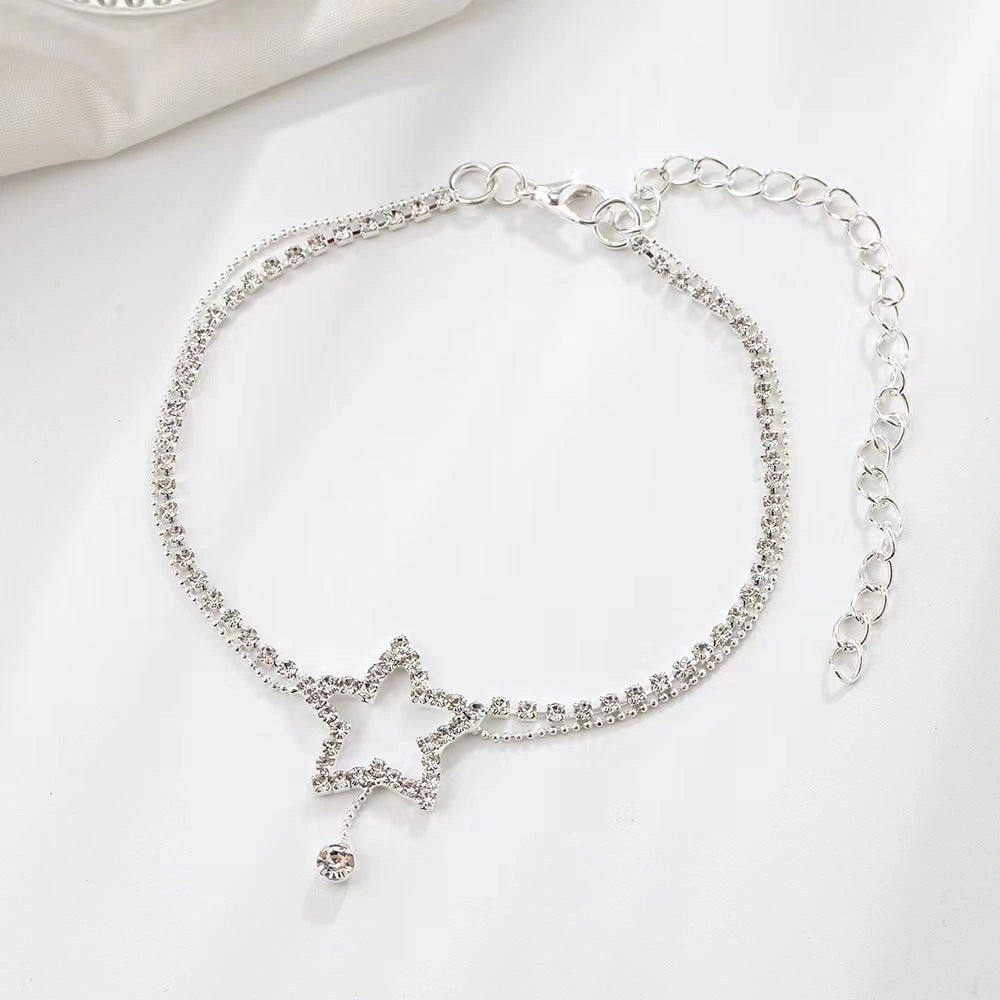 Women's Five-pointed Star Heart Rhinestone Anklet in Gold or Silver